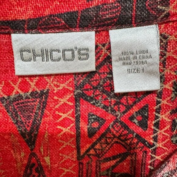 Chico's Size 1 US 8 Tunic Top Linen Aztec Southwest Button Front Red Tortoise Bu - Picture 11 of 11